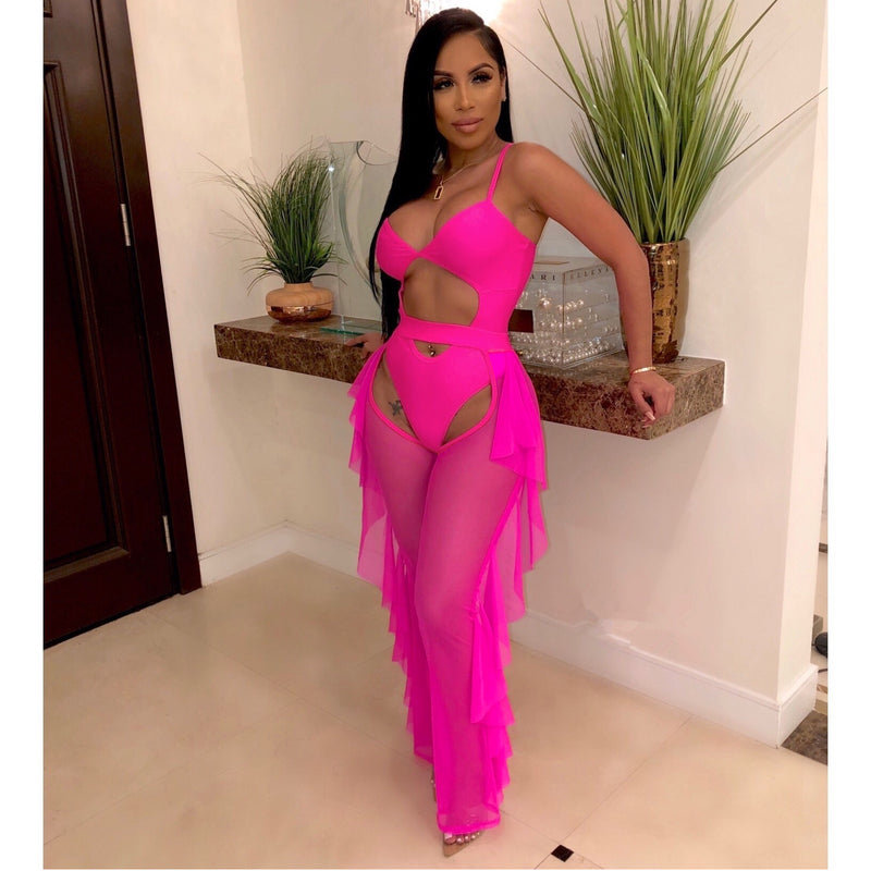 See through Pants Suit Sexy Women Clothing Pure Color Swimsuit Mesh Two-Piece Set