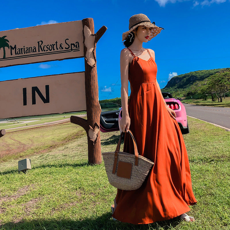 Burnt Orange Dress Beach Dress Women's Seaside Vacation Backless Dress Summer