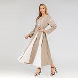 Muslim Women Stylish Kashibo Abaya Muslim Ladies Long Gown Islamic Clothing Jilbab Jalabiya Fashion Embroidered Crew Neck Long Sleeve Stitching Big Swing Dress