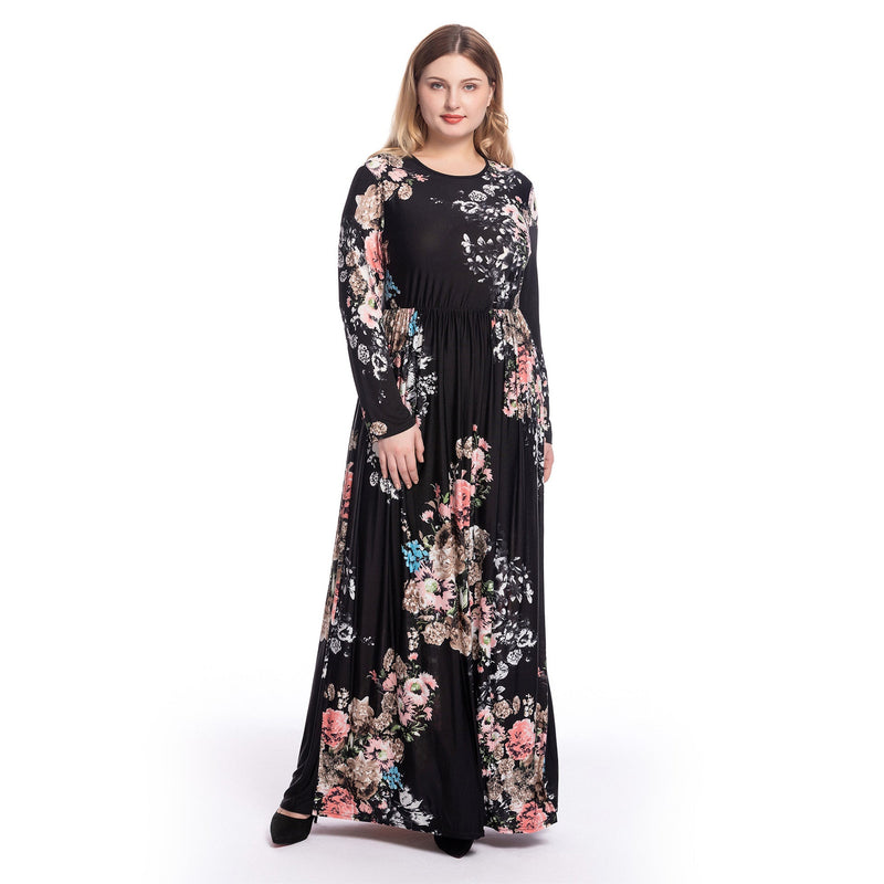Muslim Women Stylish Kashibo Abaya Muslim Ladies Long Gown Islamic Clothing Jilbab Jalabiya Slim Fit Long Sleeve Printed Round Neck Dress