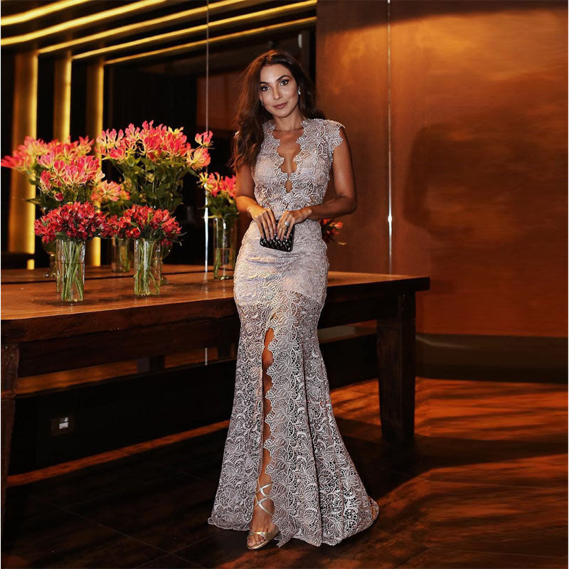 Women Lace Wedding Dress Women's Dress Banquet Evening Dress Lace Split Long Dress