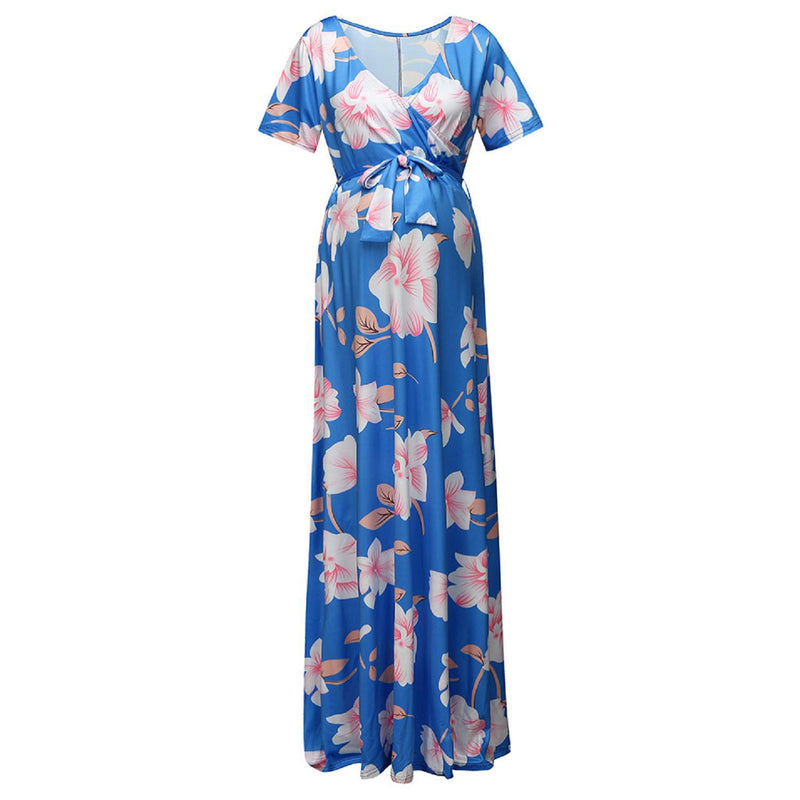 Maternity Clothes Dress plus Size Dress V-neck Short Sleeve Belted Printed Women Maternity Dress