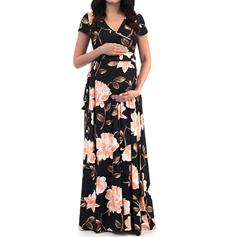 Maternity Clothes Dress plus Size Dress V-neck Short Sleeve Belted Printed Women Maternity Dress