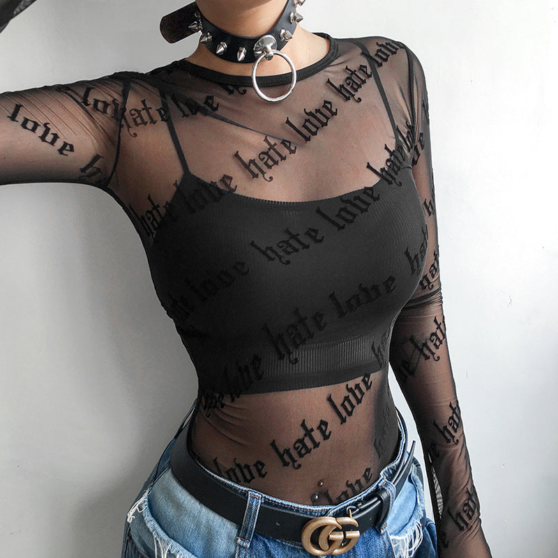 Women Rave Outfits Tops Printed See-through Sexy Long Sleeve T-shirt Female