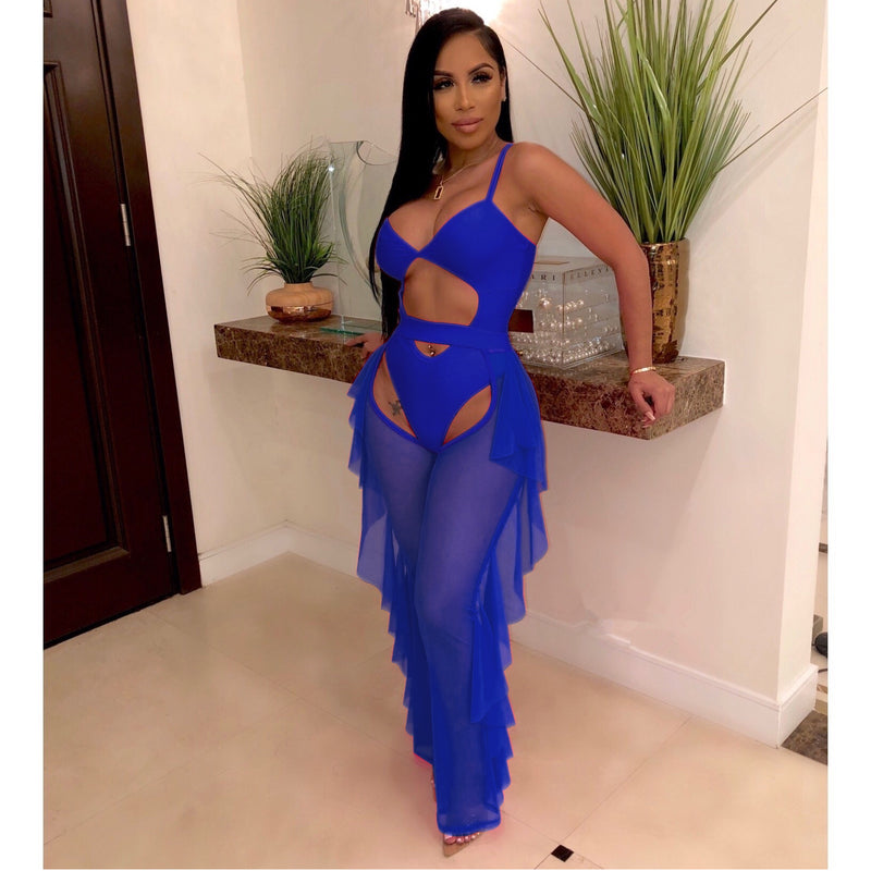 See through Pants Suit Sexy Women Clothing Pure Color Swimsuit Mesh Two-Piece Set