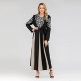 Muslim Women Stylish Kashibo Abaya Muslim Ladies Long Gown Islamic Clothing Jilbab Jalabiya Fashion Embroidered Crew Neck Long Sleeve Stitching Big Swing Dress