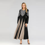Muslim Women Stylish Kashibo Abaya Muslim Ladies Long Gown Islamic Clothing Jilbab Jalabiya Fashion Embroidered Crew Neck Long Sleeve Stitching Big Swing Dress