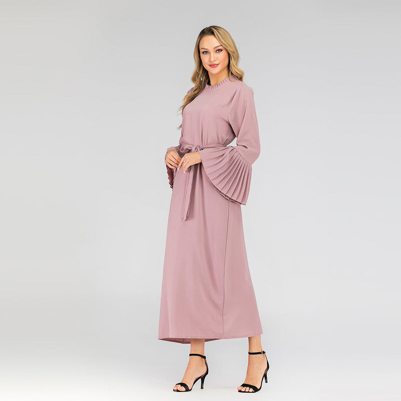 Muslim Women Stylish Kashibo Abaya Muslim Ladies Long Gown Islamic Clothing Jilbab Jalabiya Round Neck Slim-Fit Pleated Sleeve Dress