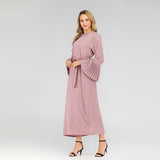 Muslim Women Stylish Kashibo Abaya Muslim Ladies Long Gown Islamic Clothing Jilbab Jalabiya Round Neck Slim-Fit Pleated Sleeve Dress