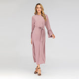 Muslim Women Stylish Kashibo Abaya Muslim Ladies Long Gown Islamic Clothing Jilbab Jalabiya Round Neck Slim-Fit Pleated Sleeve Dress