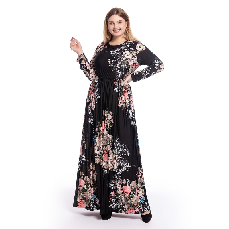 Muslim Women Stylish Kashibo Abaya Muslim Ladies Long Gown Islamic Clothing Jilbab Jalabiya Slim Fit Long Sleeve Printed Round Neck Dress