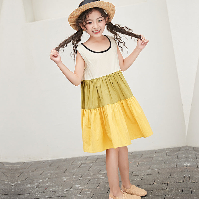 Girls Summer Middle and Big Children Korean Style Sleeveless Dress Children Loose Princess Fashionable Skirt Foreign Trade Girl Dresses