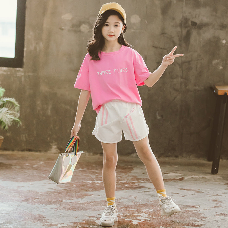Summer Girls' Short-Sleeved Shorts Student Suit Children Girl Sweatershirt & Short 2 Piece Set