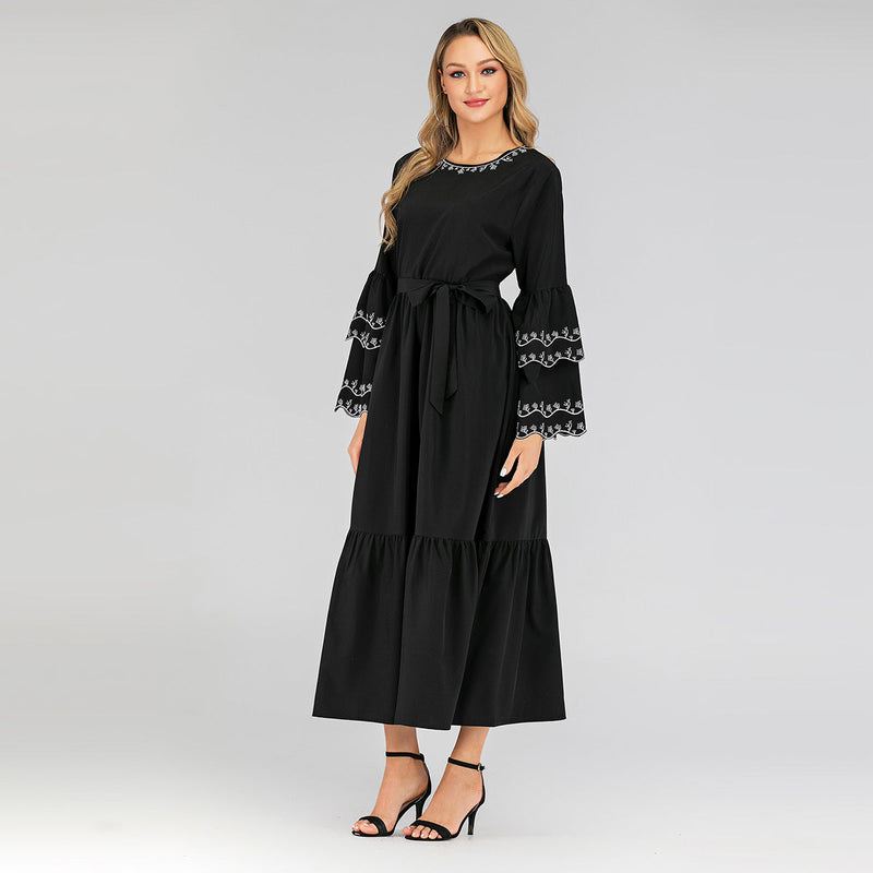 Muslim Women Stylish Kashibo Abaya Muslim Ladies Long Gown Islamic Clothing Jilbab Jalabiya Fashion Petals Sleeve Dress Long Sleeve Embroidery