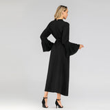 Muslim Women Stylish Kashibo Abaya Muslim Ladies Long Gown Islamic Clothing Jilbab Jalabiya Round Neck Slim-Fit Pleated Sleeve Dress