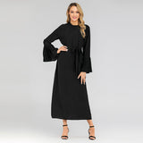 Muslim Women Stylish Kashibo Abaya Muslim Ladies Long Gown Islamic Clothing Jilbab Jalabiya Round Neck Slim-Fit Pleated Sleeve Dress
