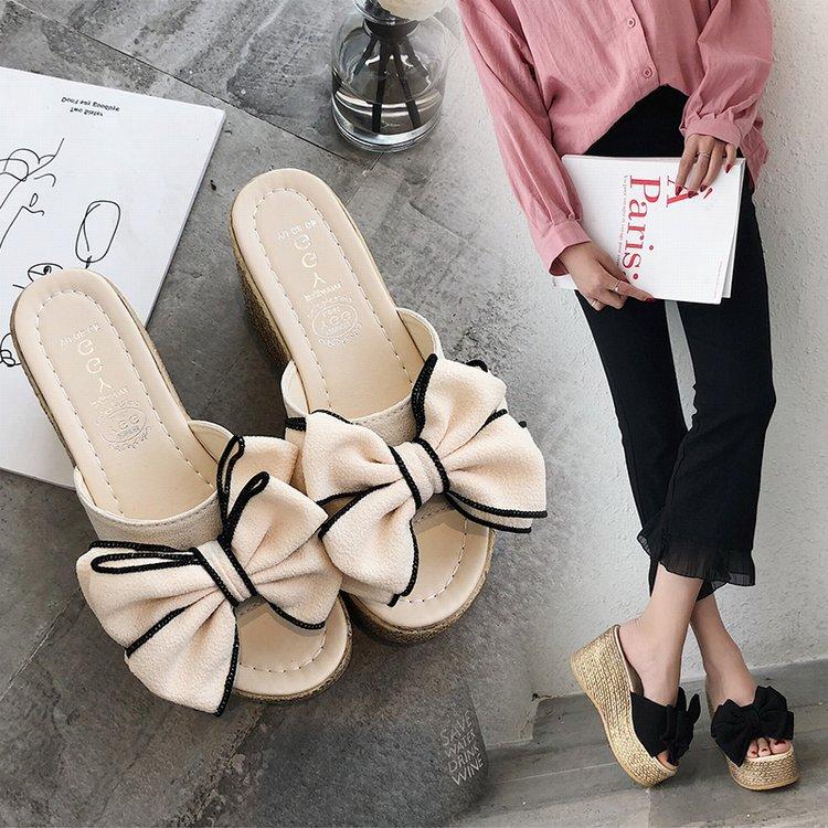 Women Open Toe Sands Flats Summer Bow Word Thick Bottom Muffin Slippers