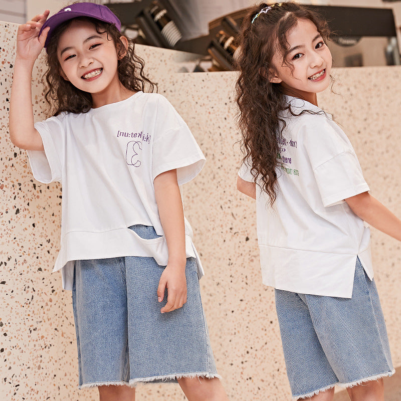 Girls Summer Short Sleeve Loose round Neck T-shirt Children Student Children Girl's Summer Clothes