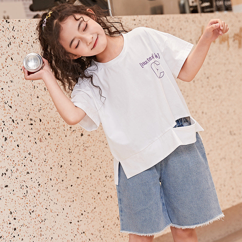 Girls Summer Short Sleeve Loose round Neck T-shirt Children Student Children Girl's Summer Clothes