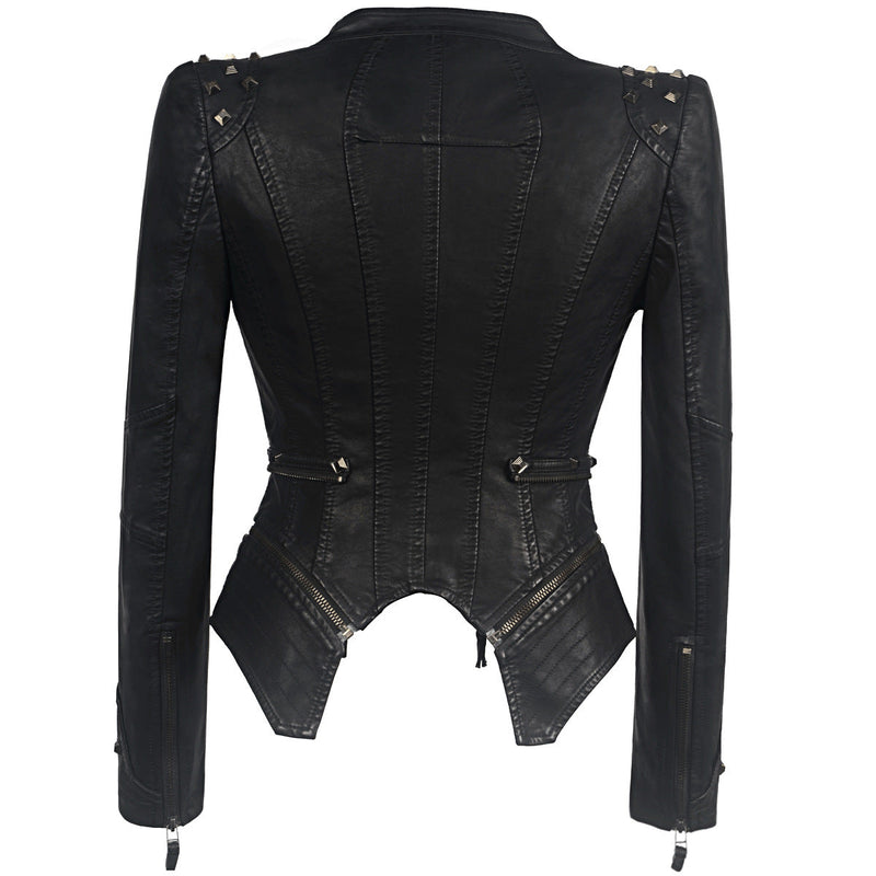 Leather Biker Coat Golden Leather Jacket Women Pu Jackets Rivet Slim Waist-Tight Washed Leather Motorcycle Leather Coat