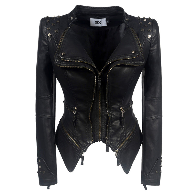 Leather Biker Coat Golden Leather Jacket Women Pu Jackets Rivet Slim Waist-Tight Washed Leather Motorcycle Leather Coat