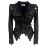 Leather Biker Coat Golden Leather Jacket Women Pu Jackets Rivet Slim Waist-Tight Washed Leather Motorcycle Leather Coat