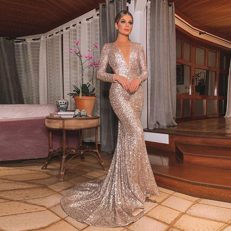 Formal Dresses & Gowns Summer Foreign Trade Female Sexy V-neck Backless Sequins Formal Dress