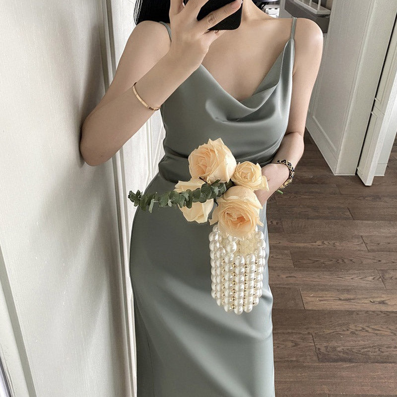 Satin Dress Summer Dress Sexy Temperament Drape Satin Swing Collar Dress