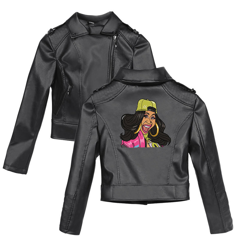 Graphic Leather Jacket Women Cardi B Leather Coat