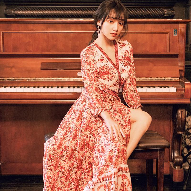 Bohemian V-neck Printed Dress Long Sleeve Floral  Bohemia Retro Vintage Cottagecore Aesthetic Flowy Victoria Cottage Core Boho Dress