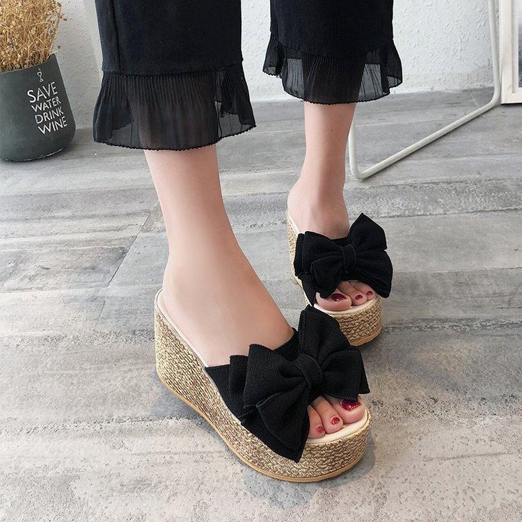 Women Open Toe Sands Flats Summer Bow Word Thick Bottom Muffin Slippers