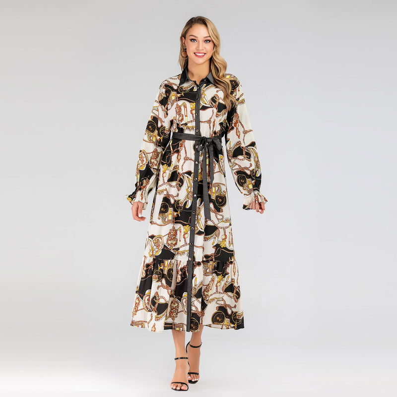 Muslim Women Stylish Kashibo Abaya Muslim Ladies Long Gown Islamic Clothing Jilbab Jalabiya Lapel Fashion Print Plus Size Dress