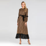 Muslim Women Stylish Kashibo Abaya Muslim Ladies Long Gown Islamic Clothing Jilbab Jalabiya Fashion Leopard Print Chiffon Stitching Big Swing Maxi Dress