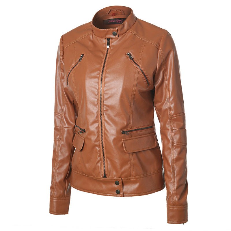 Cute Leather Jacket Drawstring Detachable Hat Zipper Pocket PU Leather Coat Motorcycle Jacket