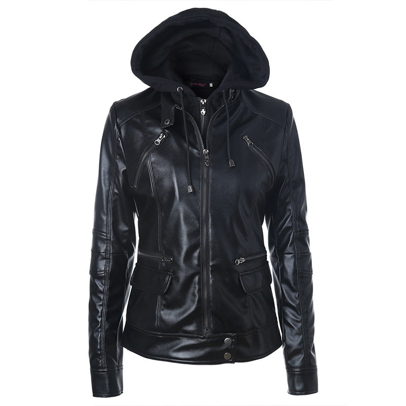 Cute Leather Jacket Drawstring Detachable Hat Zipper Pocket PU Leather Coat Motorcycle Jacket