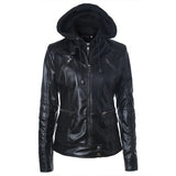 Cute Leather Jacket Drawstring Detachable Hat Zipper Pocket PU Leather Coat Motorcycle Jacket