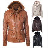 Cute Leather Jacket Drawstring Detachable Hat Zipper Pocket PU Leather Coat Motorcycle Jacket