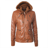 Cute Leather Jacket Drawstring Detachable Hat Zipper Pocket PU Leather Coat Motorcycle Jacket