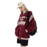 Red Varsity Jacket Autumn and Winter Letter Printing Long-Sleeved Baseball Jacket Jacket Boys Retro Couple Top Fleece-Lined