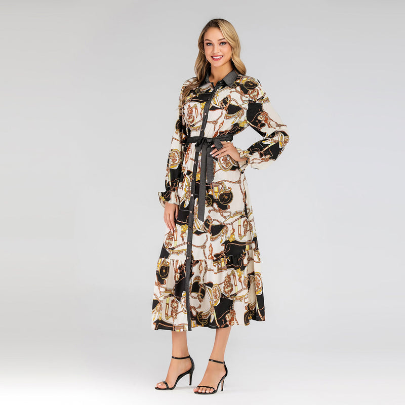 Muslim Women Stylish Kashibo Abaya Muslim Ladies Long Gown Islamic Clothing Jilbab Jalabiya Lapel Fashion Print Plus Size Dress
