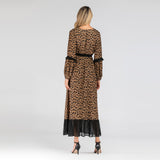 Muslim Women Stylish Kashibo Abaya Muslim Ladies Long Gown Islamic Clothing Jilbab Jalabiya Fashion Leopard Print Chiffon Stitching Big Swing Maxi Dress