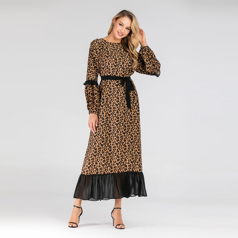 Muslim Women Stylish Kashibo Abaya Muslim Ladies Long Gown Islamic Clothing Jilbab Jalabiya Fashion Leopard Print Chiffon Stitching Big Swing Maxi Dress