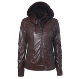 Cute Leather Jacket Drawstring Detachable Hat Zipper Pocket PU Leather Coat Motorcycle Jacket