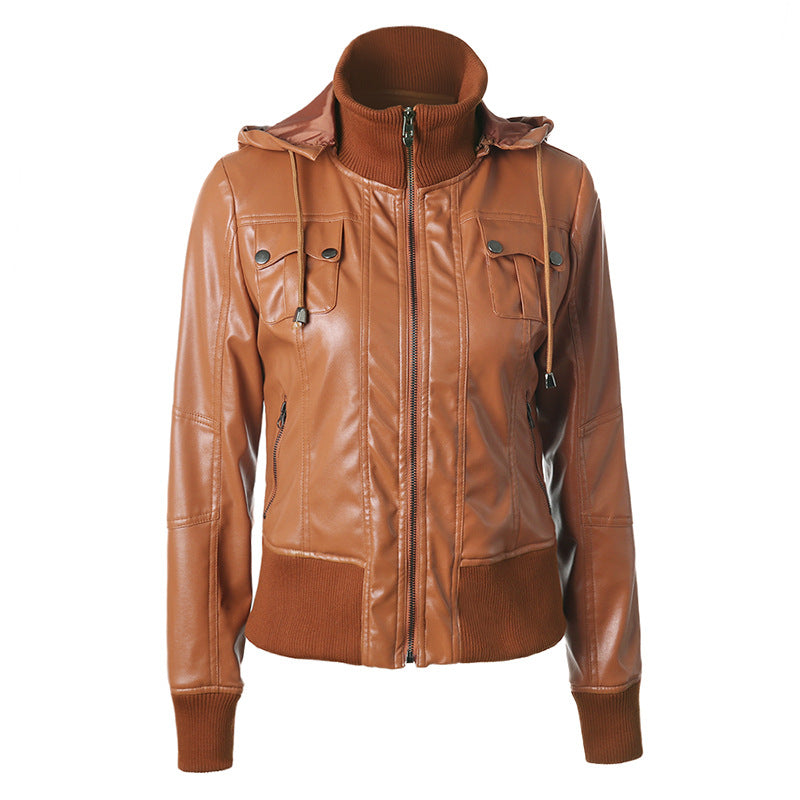 Cute Leather Jacket Stitching Drawstring Turtleneck Zipper PU Leather Coat Motorcycle Jacket