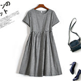 Gingham Dress Summer round Neck Short Sleeves Plaid Loose Cute Line Skirt Dress