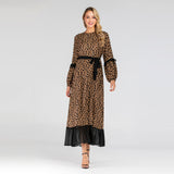 Muslim Women Stylish Kashibo Abaya Muslim Ladies Long Gown Islamic Clothing Jilbab Jalabiya Fashion Leopard Print Chiffon Stitching Big Swing Maxi Dress
