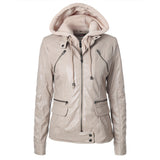 Cute Leather Jacket Drawstring Detachable Hat Zipper Pocket PU Leather Coat Motorcycle Jacket