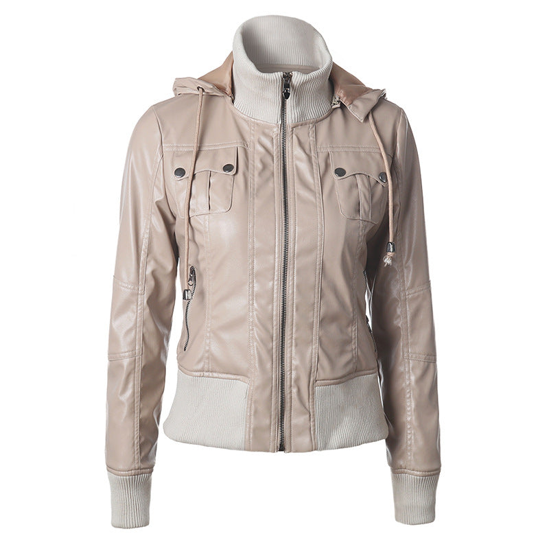 Cute Leather Jacket Stitching Drawstring Turtleneck Zipper PU Leather Coat Motorcycle Jacket