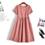 Gingham Dress Summer round Neck Short Sleeves Plaid Loose Cute Line Skirt Dress