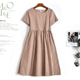 Gingham Dress Summer round Neck Short Sleeves Plaid Loose Cute Line Skirt Dress